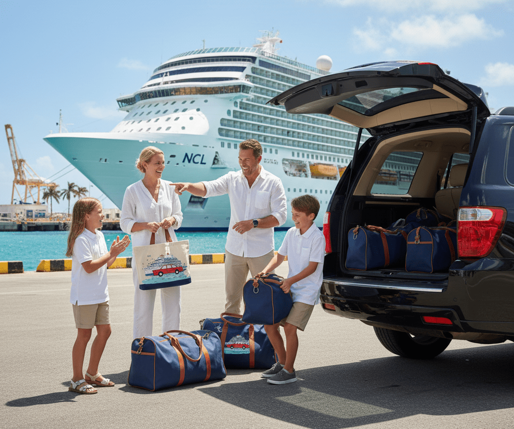 A family smiling while loading luggage into a Kings Car Rental SUV at the Ward Cove dock with a Norwegian Cruise Line ship in the background.