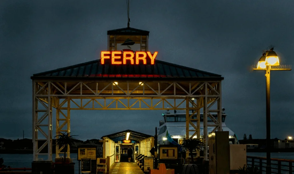 The entrance to the Ketchikan ferry terminal at night with a bright neon "FERRY" sign, the starting point for taking a rental car to Prince of Wales Island