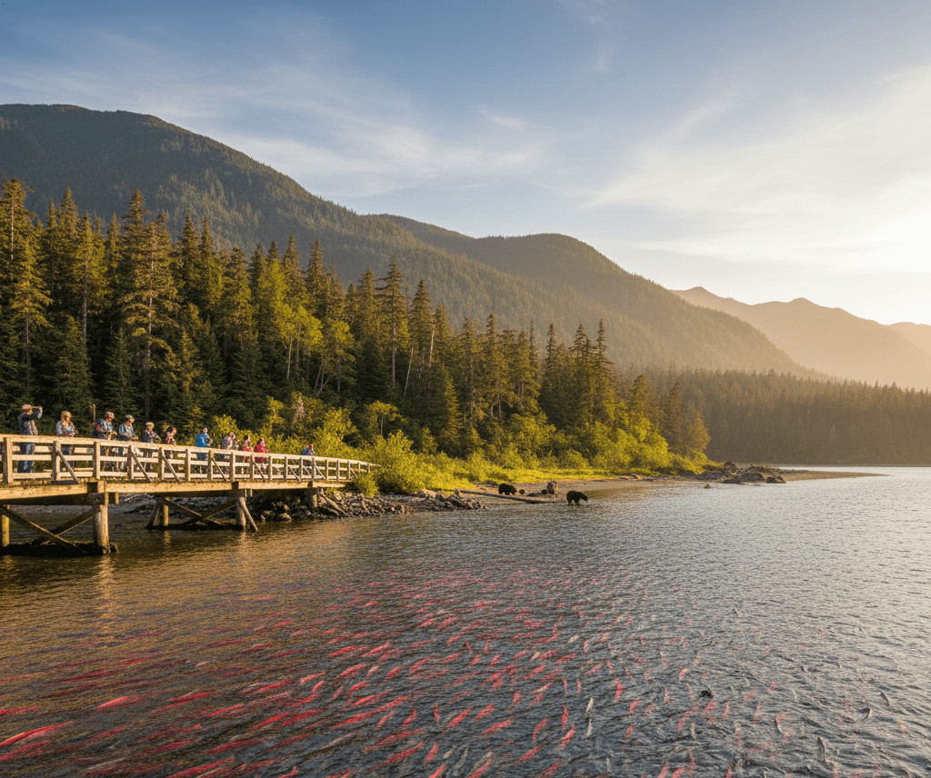 Visitors watching black bears and a massive salmon run from the bridge at Herring Cove, a premier roadside bear viewing spot in Ketchikan.